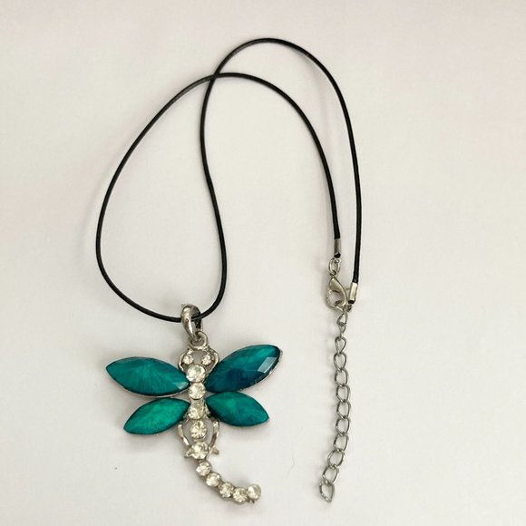 Vtg Dragonfly Necklace Pendant Insect Aqua Crystal Silver Plated Black Cord 18" - Picture 7 of 10